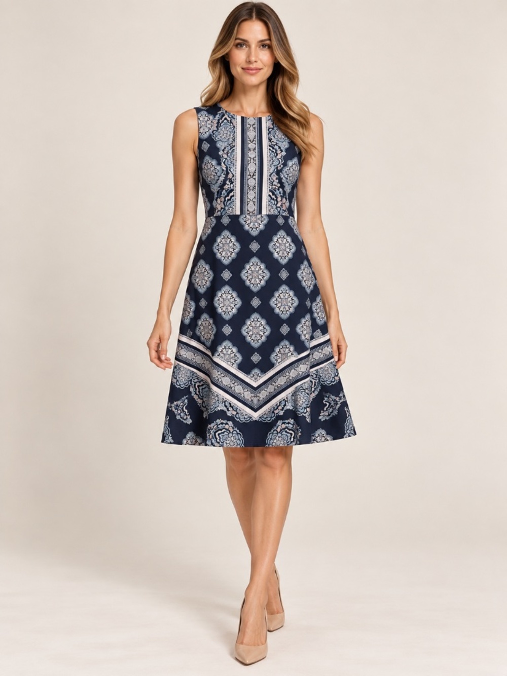 Ann Taylor Women’s Sleeveless Navy Blue Geometric Print A-Line Dress Size 12T